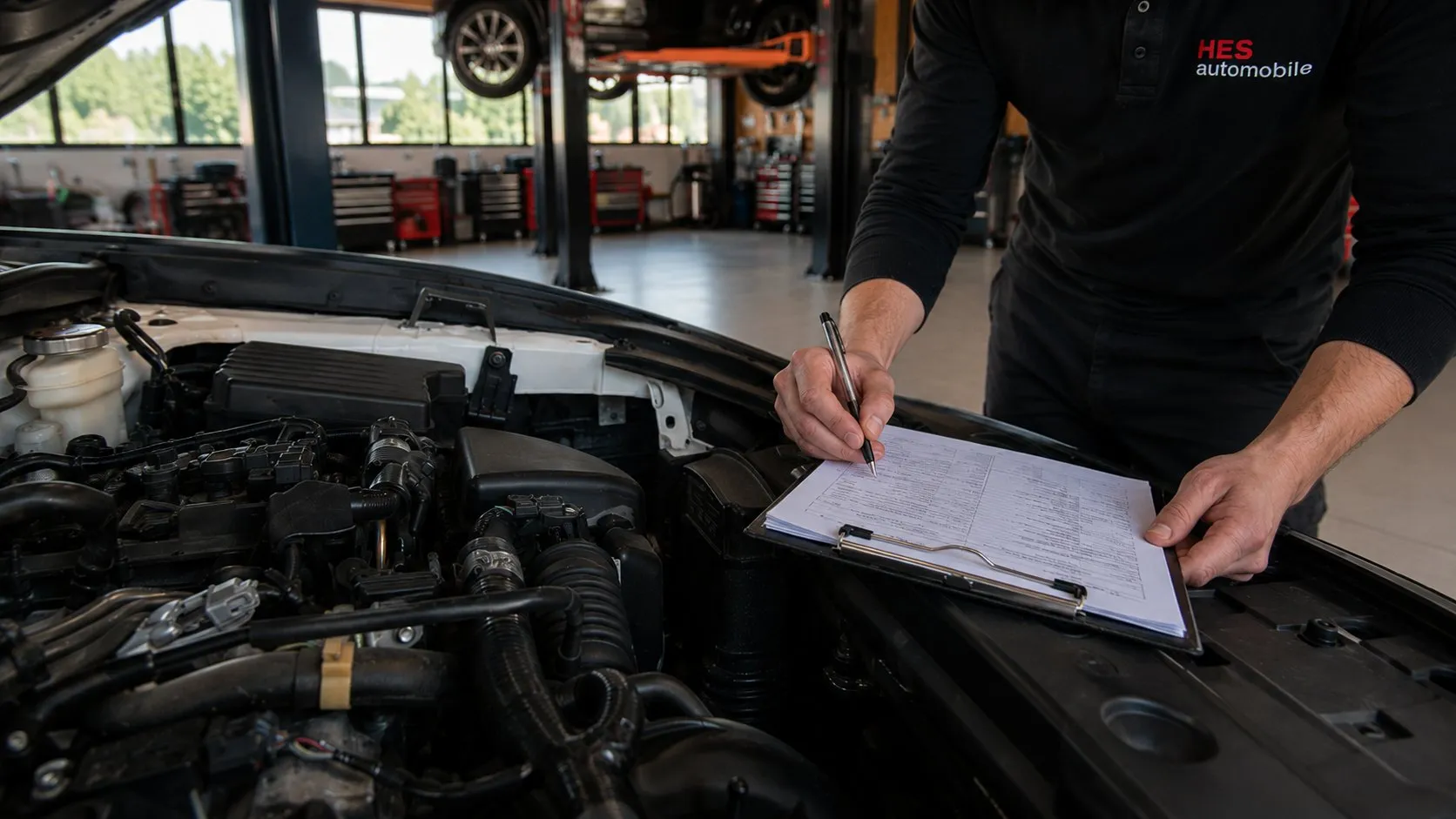 Technicien HES Automobile réalisant un service et une réparation moteur à Meyrin